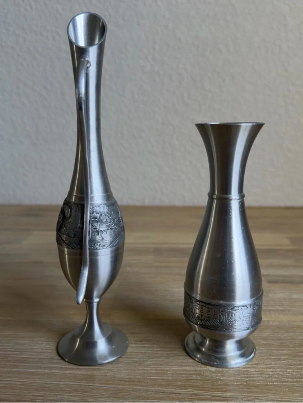 Vintage Pewter Skinny Bud Vases And Pitcher 8” and 6” Tall Silver Color Set of 2